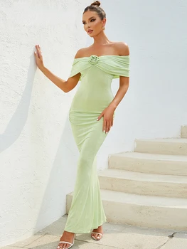 2023 Новое женское элегантное плиссированное цветочное украшение с открытыми плечами и открытой спиной, облегающий сексуальный халат, вечернее платье для вечеринки знаменитостей