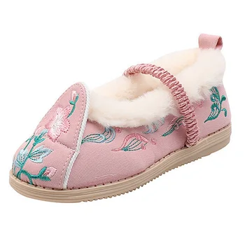 Kruleepo 2023, Осенне-зимняя плюшевая повседневная обувь, Детская одежда для девочек, детская вышивка в китайском стиле с цветочным рисунком.