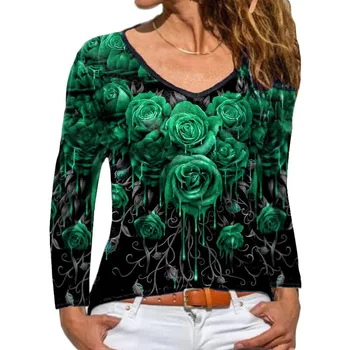 Весенне-осенняя новая женская футболка с длинным рукавом и принтом розы, женская модная повседневная универсальная верхняя женская одежда
