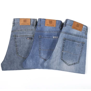 Классические мужские летние джинсовые брюки, Модные повседневные светло-голубые Тонкие джинсы-стрейч, Свободные прямые фирменные брюки, мужские