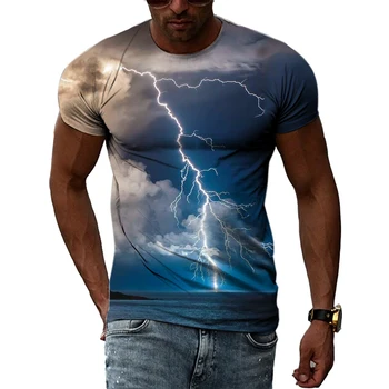 Летние футболки с изображением природного пейзажа, молнии, мужские футболки с 3D-принтом, топы в стиле хип-хоп харадзюку с круглым вырезом