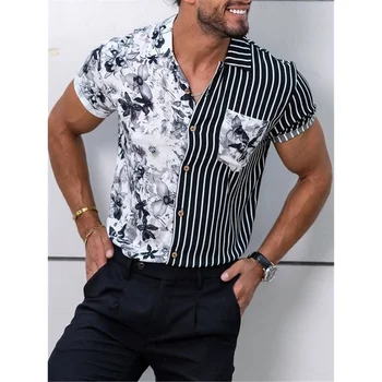 Летний полосатый принт сращивание Повседневных льняных рубашек с короткими рукавами Мужская уличная одежда Гавайские рубашки Мужская одежда Плюс размер 4XL 5XL