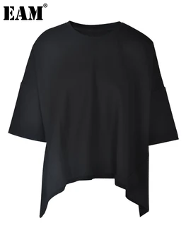 [EAM] Женская Черная футболка с неправильной застежкой-молнией Большого размера, Новая Футболка С круглым вырезом и рукавом Три четверти, Модный Прилив, Весна-осень 2023 1U51401