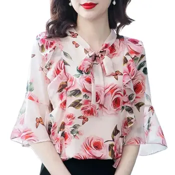 Летний женский топ с цветочным рисунком, шифоновая рубашка с V-образным вырезом и коротким рукавом, женский пуловер, футболка, Темпераментные женские рубашки с рукавами-трубами