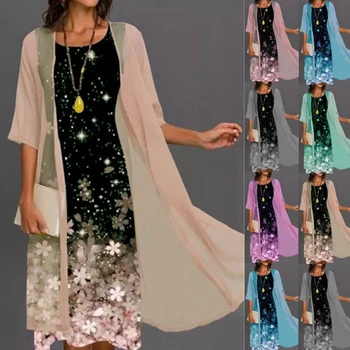 Женское макси-платье из двух частей, шифоновое платье с цветочным рисунком, дамский праздничный пляжный свободный сарафан