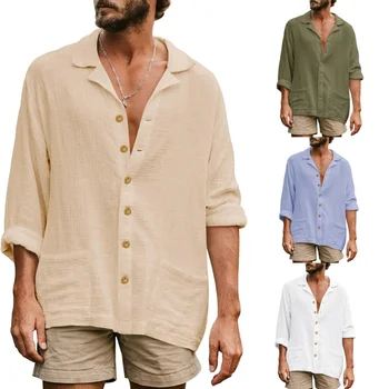 Весенняя мужская свободная повседневная рубашка с отворотом и длинным рукавом