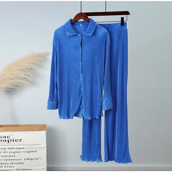 Женская рубашка, плиссированные комплекты из двух предметов, Высокая талия, Широкие брюки, повседневный элегантный женский топ с длинным рукавом, комплект одежды в тон