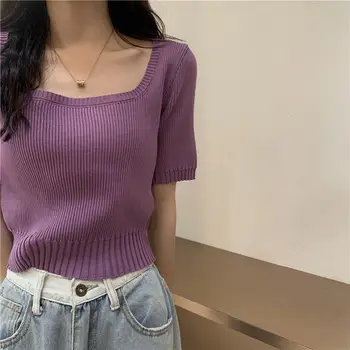 Фиолетовая Женская футболка из ледяного шелка с коротким рукавом 2023, Новый летний Однотонный Корейский модный пуловер с квадратным вырезом, Тонкие вязаные топы Y302