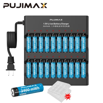 PUJIMAX Новое 20-слотное Литиевое Зарядное Устройство US Plug С Независимым Слотом Для Зарядки С Оригинальным Литий-ионным Аккумулятором 16/20шт AA 1.5V