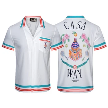 Мужские хлопчатобумажные рубашки с принтом в гавайском стиле с коротким рукавом Camisas Masculina Повседневная Приталенная Мужская деловая рубашка 101670