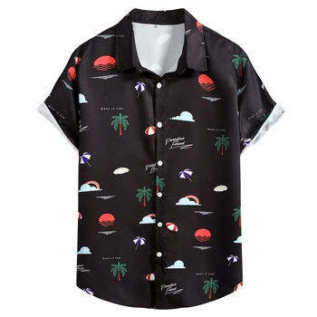 Пляжные рубашки Black Sunlight с принтом пальмы Мужские 2023 Брендовые Повседневные гавайские рубашки с коротким рукавом и пуговицами Мужские Camisas Masculina
