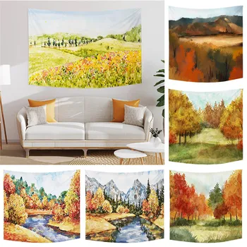 Осенний Желтый Акварельный пейзаж, горный гобелен, Настенное искусство, эстетика, Гобелены для спальни, декор в общежитии
