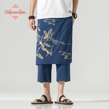 Японские кимоно, мужские брюки, свободные брюки харадзюку, японская традиционная азиатская одежда юката с вышивкой журавля, разборка