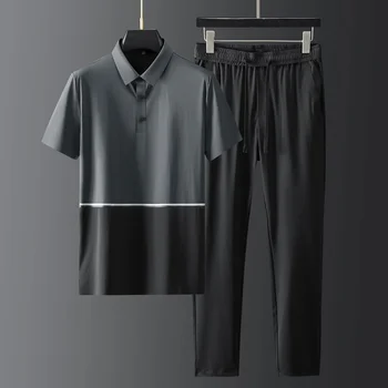 Летние мужские комплекты Minglu (футболка + брюки) Роскошные мужские комплекты контрастного цвета с коротким рукавом, модные спортивные повседневные тонкие мужские комплекты