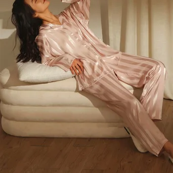 Женская пижама в розовую полоску, женская тонкая удобная одежда для сна, модная женская свободная домашняя одежда