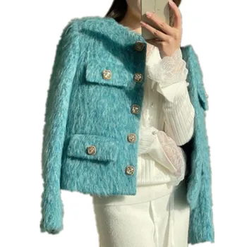 Темпераментный Синий твидовый жакет Осень-зима с круглым вырезом, однобортный, с длинным рукавом, Модная женская верхняя одежда
