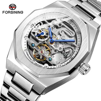 Forsining, модные Серебряные мужские часы, лучший бренд класса Люкс, Автоматические Механические наручные часы со скелетом в деловом стиле из нержавеющей стали