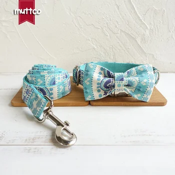 MUTTCO ручной работы с бантом, высококачественный ошейник, модное ожерелье, НАРОДНЫЙ СИНИЙ ошейник для собак и поводок, галстук-бабочка, набор, 5 размеров UDC023