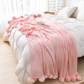 Диван, Повседневное одеяло, одеяло из чистого хлопка с ворсом, кровать в гостиничном номере, Розовое вязаное однотонное полотенце, одеяло для интернет-знаменитостей с мячом