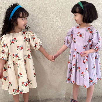 Летняя детская одежда в европейском и американском стиле, платье для дня рождения для маленьких девочек, хлопковое платье принцессы с короткими рукавами и принтом