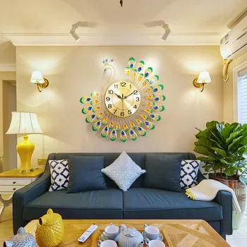 Большие алюминиевые подвесные часы с павлином В европейском стиле, современные креативные часы для гостиной, украшение спальни, Немой кварцевый настенный часы
