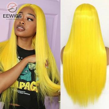 Длинный Прямой Ярко-желтый Синтетический Прозрачный Бесклеевой парик на кружеве с предварительно выщипанными детскими волосами для косплея трансвестита Women's Daily