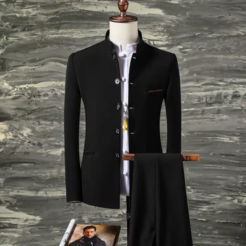 Комплект из 2 предметов, Блейзеры с воротником-стойкой, куртка, брюки / 2023, Модный Новый мужской повседневный бутик, деловой однотонный костюм, пальто, брюки