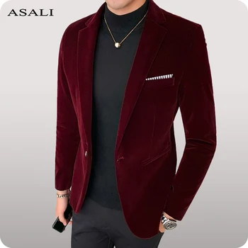Весенне-осенний мужской бархатный блейзер, однотонный приталенный пиджак, мужское пальто, повседневные куртки на одной пуговице, официальное вечернее платье