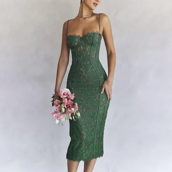 Soolasea 2023, Женское кружевное Зеленое платье Миди, Элегантное Сексуальное платье для гостей на свадьбу, Вечерние платья на бретельках, платье на день рождения