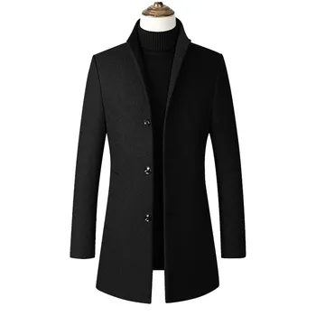 Модная мужская куртка-ветровка, длинное пальто, мужской тренч больших размеров 3xl 4xl, воротник-стойка, тонкое повседневное черное шерстяное пальто, мужское пальто