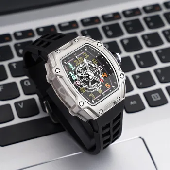 Мужские часы с модным силиконовым ремешком, спортивные кварцевые наручные часы с цветным цифровым циферблатом, светящиеся водонепроницаемые черные крутые часы-скелет