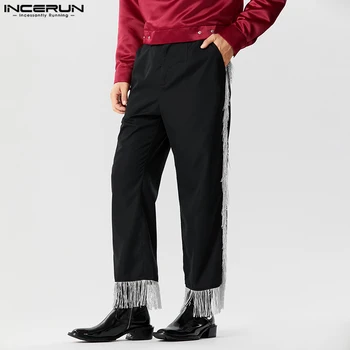 INCERUN 2023, Мужские брюки в Американском стиле, Модные Однотонные Лоскутные брюки С кисточками, Повседневные Уличные Брюки С прямыми штанинами, S-5XL