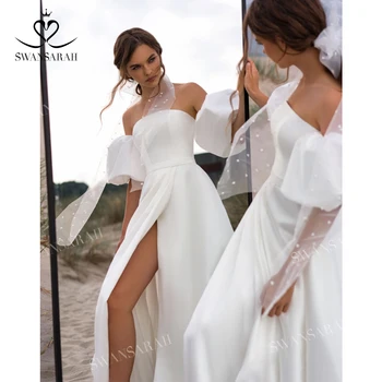 Атласное Свадебное платье SwanSarah Без бретелек 2023, простой карман, рукав 2 В 1, Трапециевидный Шлейф, платье принцессы Невесты GY129, Vestido De Novia