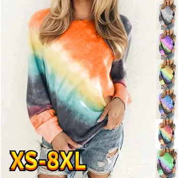 Женская футболка, футболка Rainbow, повседневная футболка с красочной росписью на выходные, футболка с длинным рукавом и круглым вырезом, базовая, необходимая XS-8XL