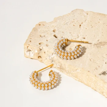 Uworld Инкрустированный жемчугом мини C Серьги-кольца для женщин Ювелирные изделия Шарм Металлические Элегантные Геометрические серьги вечерние