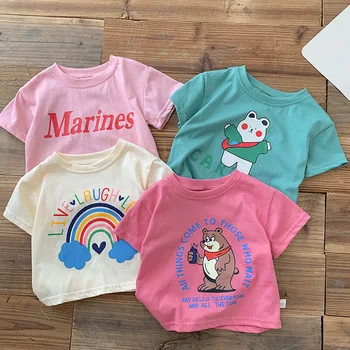 Детская одежда, футболка с героями мультфильмов, летняя одежда для маленьких мальчиков и девочек, милая рубашка с радужным низом, тонкий топ с медведем