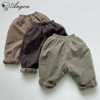 Детские Утепленные брюки с эластичной резинкой на талии для маленьких мальчиков, повседневные однотонные зимние теплые брюки в корейском стиле, брюки-репки, одежда