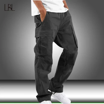Мужские брюки-карго с завязками, широкие брюки, повседневные брюки, хлопчатобумажные льняные брюки, мужские тактические весенние свободные спортивные штаны с несколькими карманами