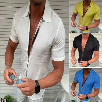 2023 Новая летняя мужская однотонная рубашка с коротким рукавом на молнии, Приталенная Дышащая Повседневная футболка-поло в британском стиле