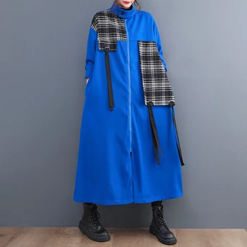 2023 Японский Корейский стиль, Лоскутная клетчатая молния, Шикарная уличная одежда для девочек, Модные осенние тренчи, Женская повседневная верхняя одежда, пальто