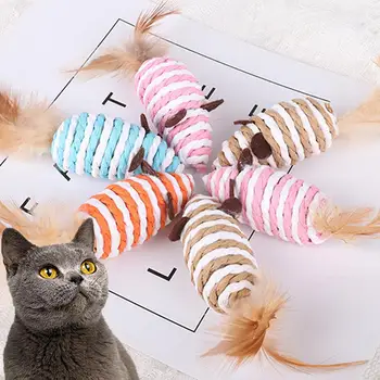 Накладная мышь с хвостом из перьев, игрушка для кошек, встроенная в гравий, Многоцветные принадлежности для домашних животных, мини-забавные игрушки, Интерактивные кошки, котенок