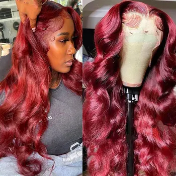 Бордовый объемный волнистый кружевной парик из человеческих волос, парики 99J 13x6 HD, Прозрачные кружевные фронтальные парики для женщин, предварительно выщипанные перуанские волосы