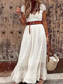Белые кружевные платья Макси, Женское летнее элегантное винтажное длинное платье с V-образным вырезом, модное повседневное платье для пляжного отдыха с коротким рукавом
