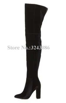 Женские черные бархатные длинные сапоги, модные замшевые сапоги до бедра на массивном каблуке, женские пикантные зимние сапоги выше колена, обувь для вечеринок