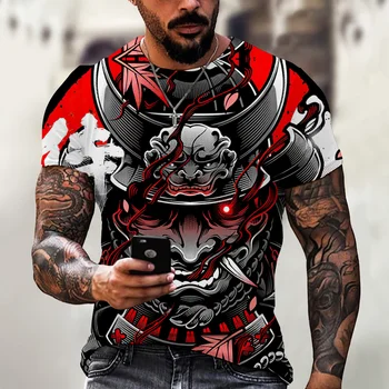 Футболка Samurai Harajuku, летняя мужская одежда, повседневная спортивная рубашка с круглым вырезом и коротким рукавом, футболка с 3D-принтом Japan Horror