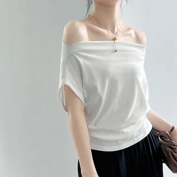 2023 Летняя новая женская футболка С элегантным вырезом лодочкой, открытыми плечами, коротким рукавом, плиссированной талией, топ в корейском стиле 678