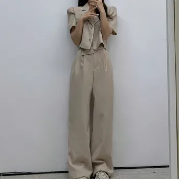 Корейская мода, летние новинки в одинаковых комплектах, винтажный короткий пиджак + прямые брюки с высокой талией, комплект из 2 предметов для женщин