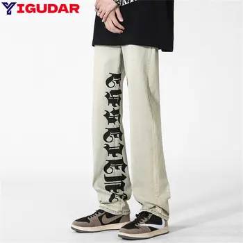 Мужская одежда Y2K, джинсы с принтом, мужские мешковатые потертые джинсы, джинсовые прямые брюки, широкие брюки, уличная одежда для мужчин, брюки-карго