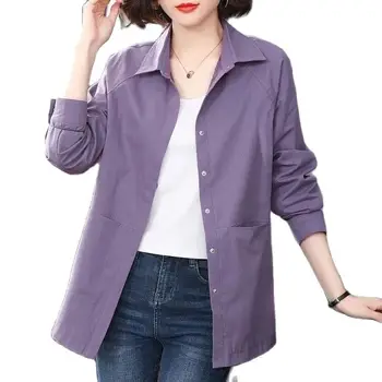 Весна и осень 2023, новая женская рубашка из чистого хлопка, женская рубашка средней длины с лацканами, свободный топ, повседневное тонкое темпераментное пальто.