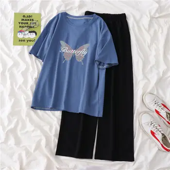Женские комплекты, футболка с принтом бабочки, короткий рукав, широкие брюки с эластичной резинкой на талии, свободный модный костюм-двойка в корейском стиле X260